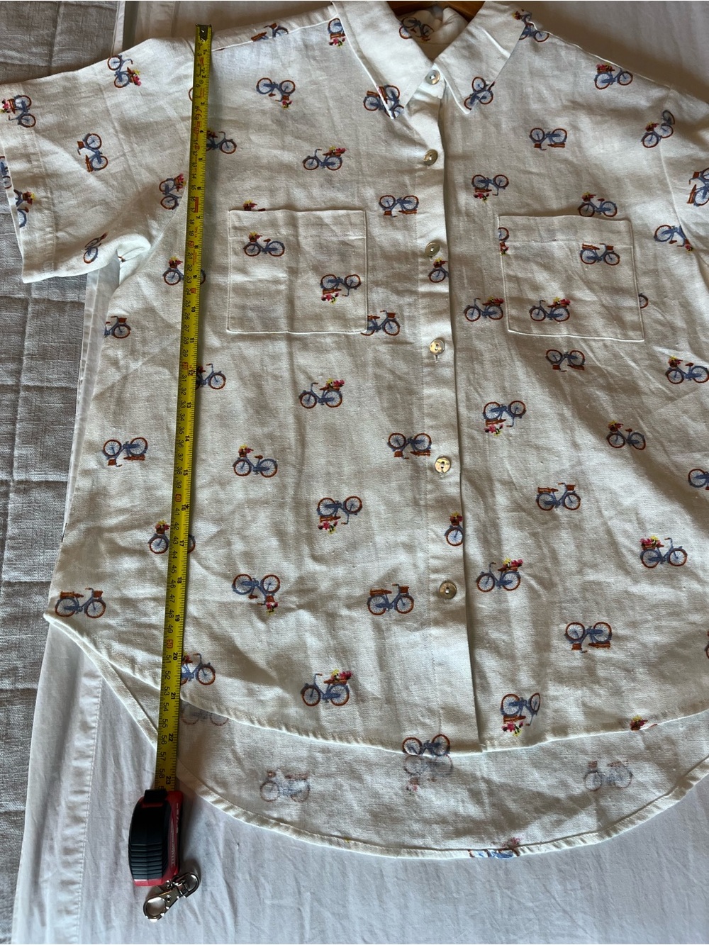 Rae Dunn White Short-Sleeve Button-Down Shirt with Blue and Orange Bike Print - Picture 5 of 7